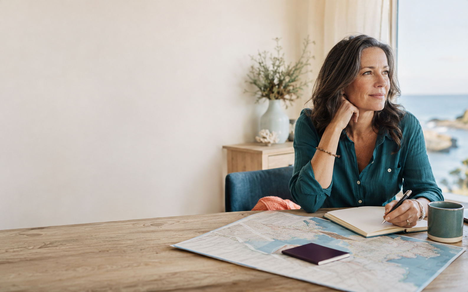 A confident woman working from home with subtle travel-planning details